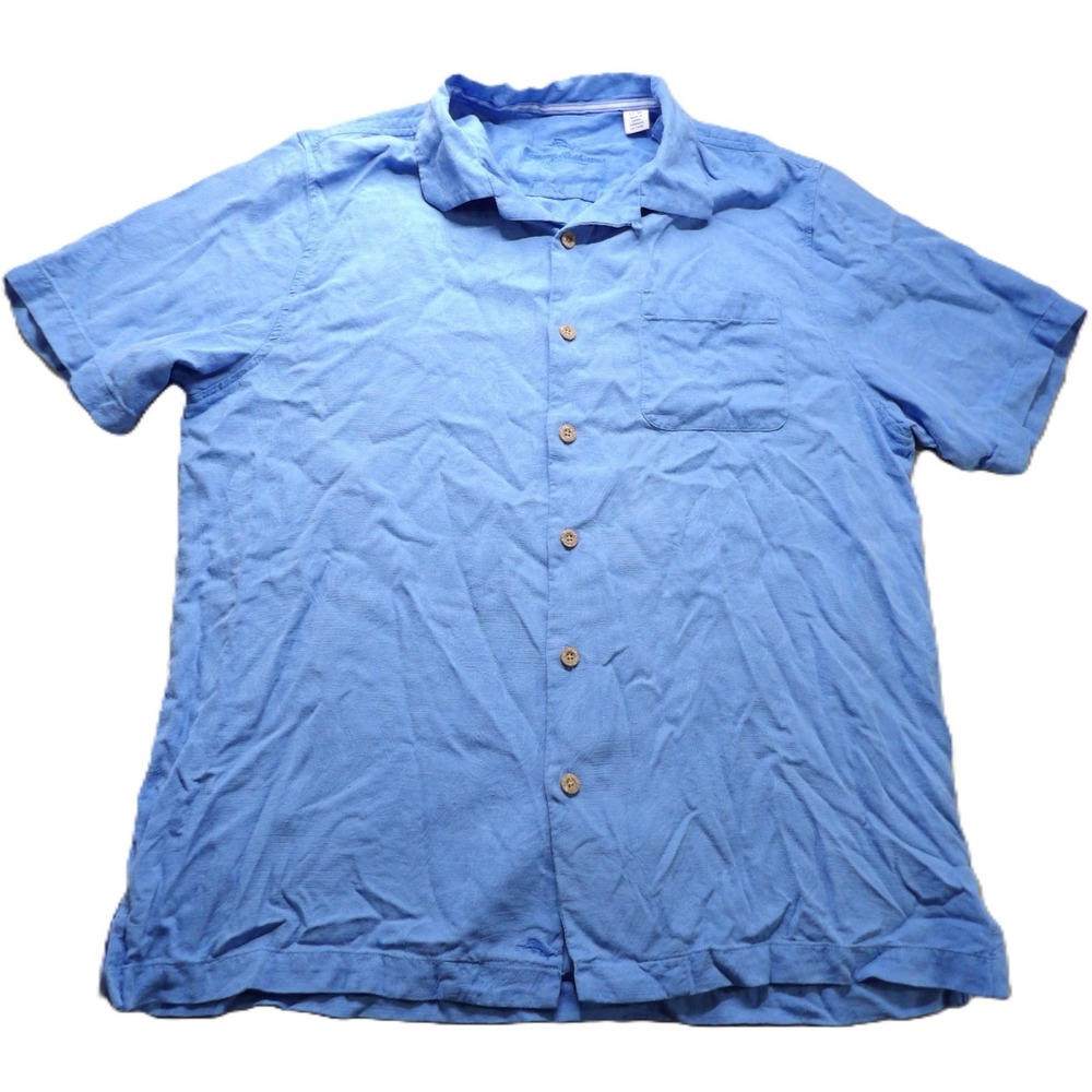 Tommy Bahama Silk Camp Shirt Blue Short Sleeve Button Down Men LT L Casual Beach